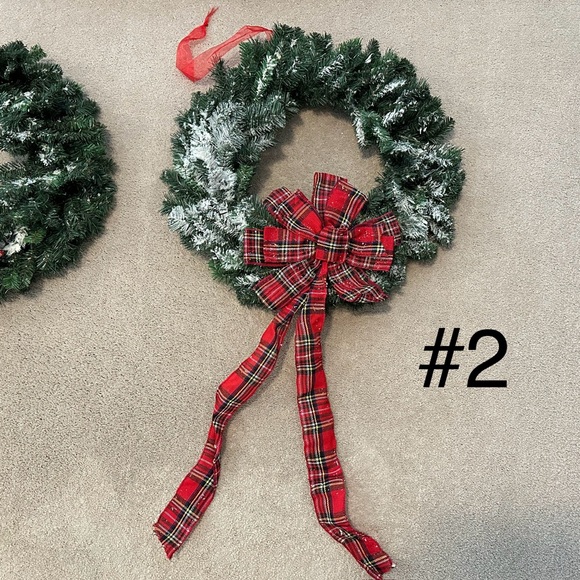 Holiday Christmas Snow Flocked Wreath With Tartan Red Plaid Bow - Picture 9 of 16